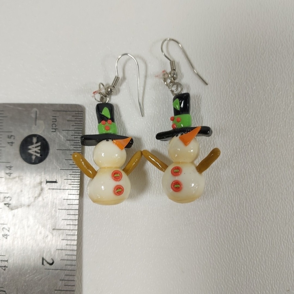 HANDMADE SNOWMAN EARRINGS WITH ARMS silver Plated - Picture 4 of 4